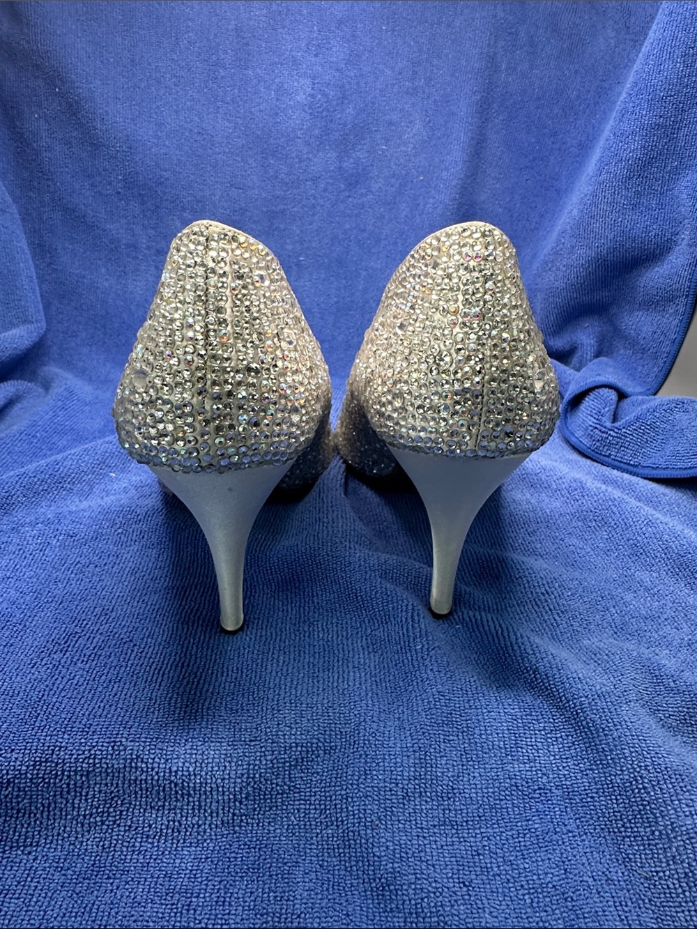 Benjamin Adam’s Silver silk / Crystal Peep-Toe Heels - - Picture 8 of 14